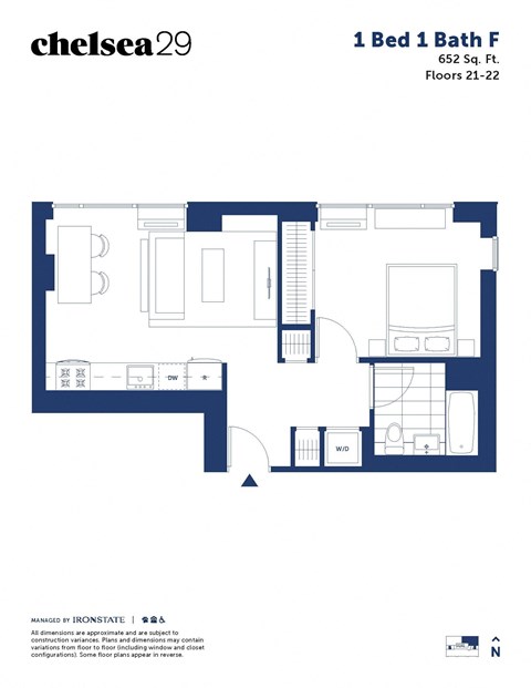 Floor plan for 1 bed, 1 bath, 652 sqft